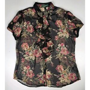 Ralph Lauren Sheer Button Down Ruffle Shirt Size XL Black Floral Feminine
